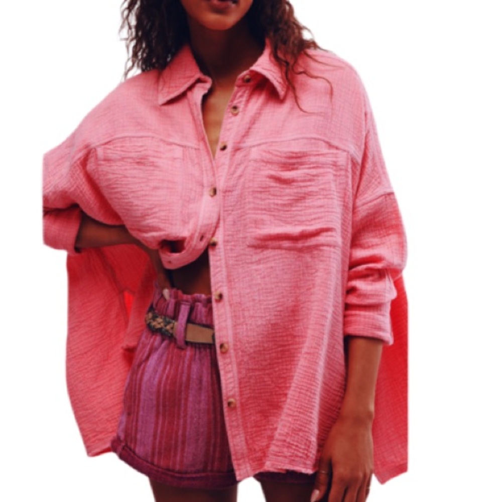 FREE PEOPLE CARDIFF OVERSIZED GAUZE SHIRT PINK LARGE